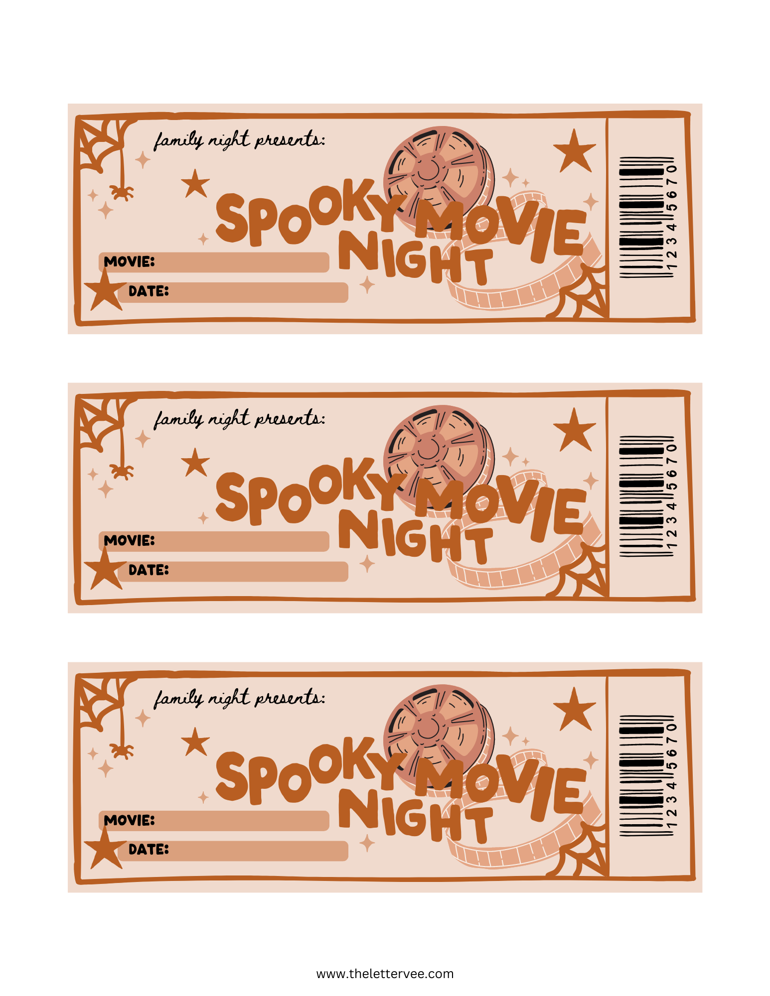 Spooky Movie Night tickets Printable play The Letter Vee
