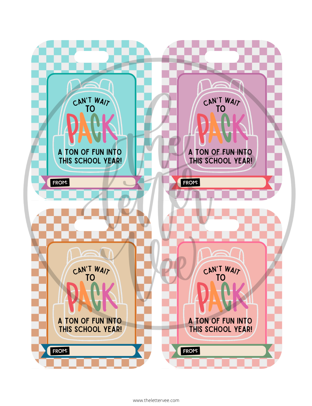 Four backpack-themed gift tags with 'Can't Wait to Pack' text on a white background.