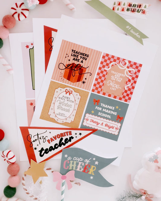 Collection of holiday-themed cards with teacher appreciation messages on a white background.