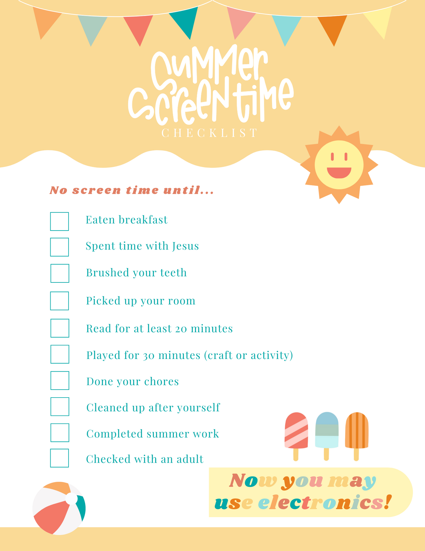 Summer Screen Time Checklist | Activity Printable